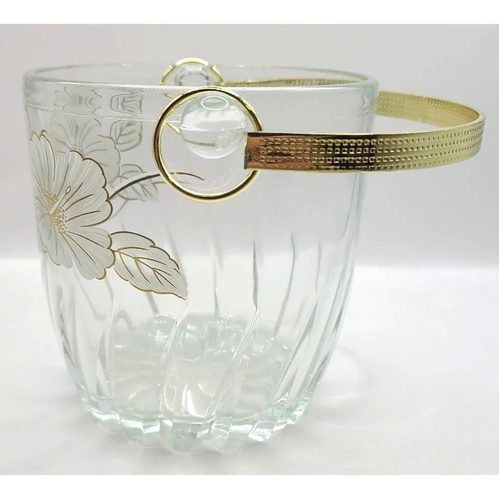 Vintage Clear Glass Ice Bucket With Gold Floral Design & Handle